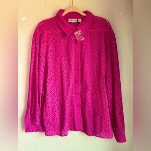 Cali & York Hot Pink Eyelet Crochet Long Sleeve Button Down Blouse 2X